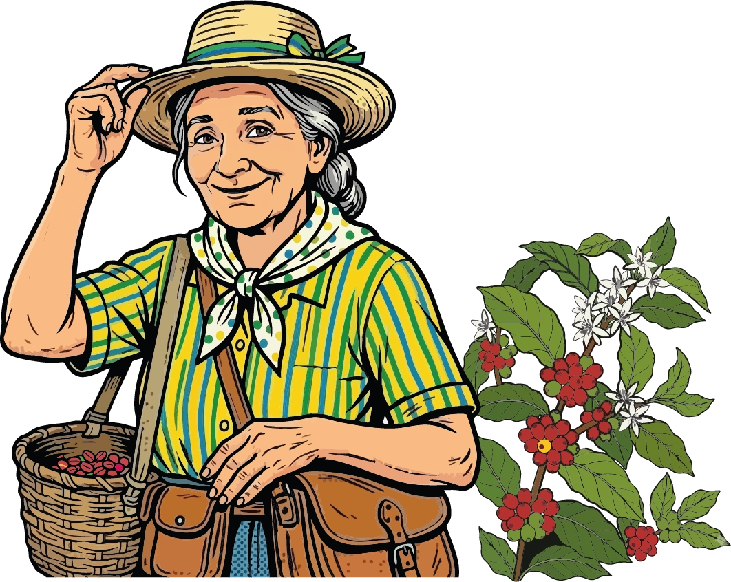 Ilustración de una recolectora de café santarrosana con su canasta, junto a una rama de café en flor y fruto